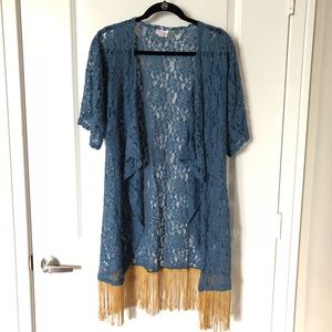 EUC LuLaRoe Blue Lace Monroe with Gold Fringe